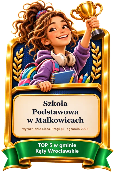 Odznaka: Szkoła Podstawowa w Małkowicach — TOP 5 w gminie Kąty Wrocławskie · egzamin 2026 (Licea-Progi.pl)